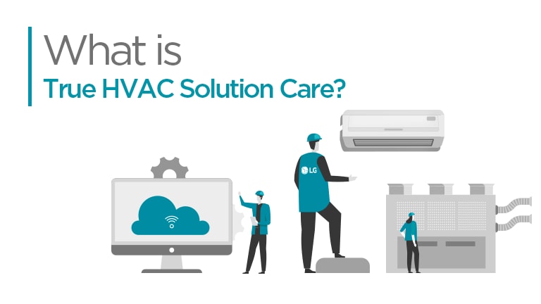 The text 'What is True HVAC Solution Care?' is displayed in the top left corner. Below it, there are images of a monitor, an air-conditioner, a factory, and three people. One of the people is wearing a vest with the text 'LG' on the back