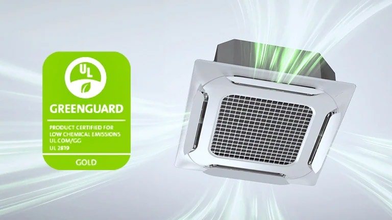 The right LG Dual Vane Cassette emits a green airflow from its vanes, while the coveted Greengard certificate adorns the left side.