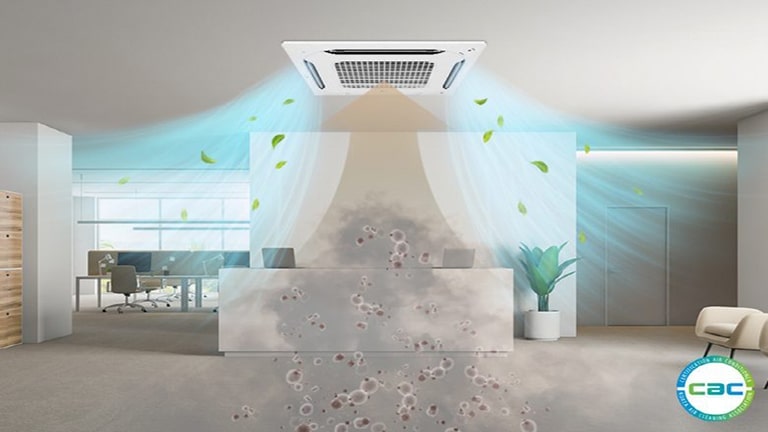 Square ceiling LG air conditioning(AC) unit draws in dirty air centrally, dispenses clean blue-colored air from four surrounding vents.