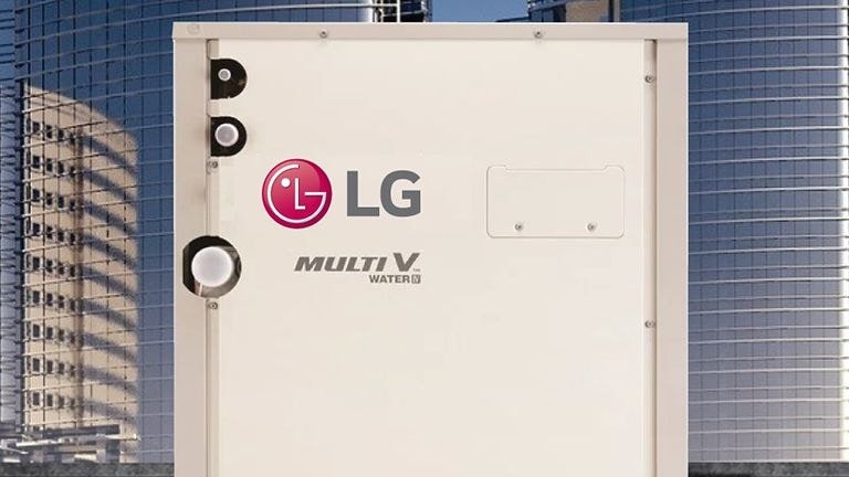 The LG Multi V Water IV commercial cooling solution is situated to the right, with three buildings in the background