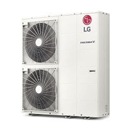 LG Air to Water Hear Pumps, rectangular shape equipped with two fans on the left side, top and bottom, is displayed.