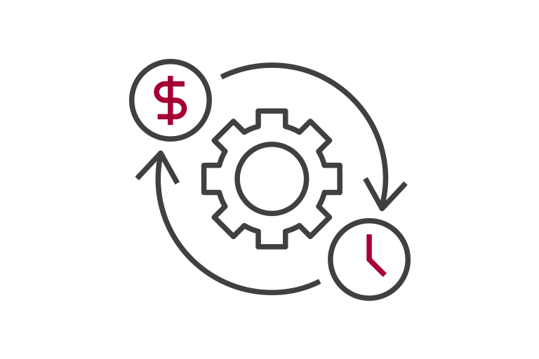 Two small icons, each featuring a dollar and a clock, circle the gear icon in the center.