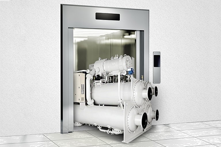 White LG Modular Chiller is entering the silver freight elevator.