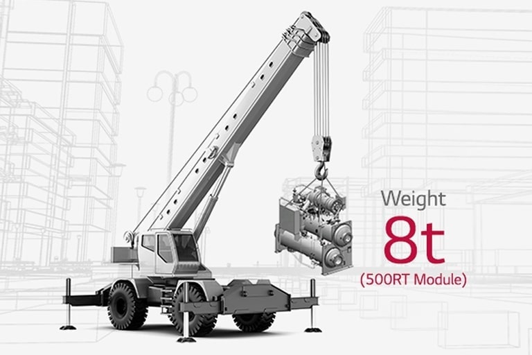 A monotone crane is lifting an LG Modular Chiller labeled as 'weight 8 T (500RT Module)' next to the chiller.