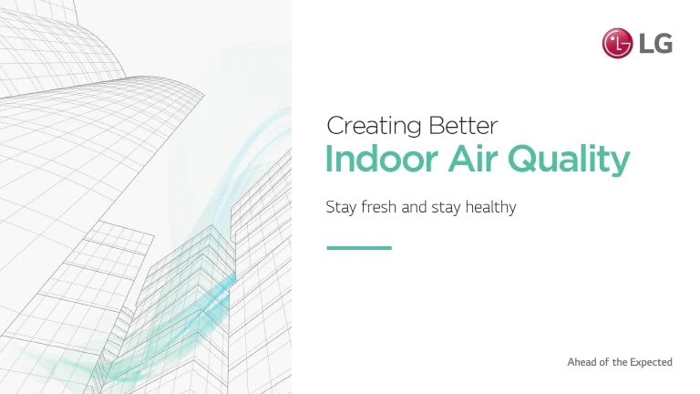 Ant eye view of outlined buildings allows a stream of blue airflow to weave through them while advice on air quality graces the right.