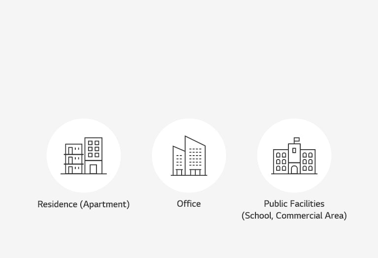 Three white circles from left to right depict outlines of a residence (apartment), an office, and a public facility like a school or commercial area.