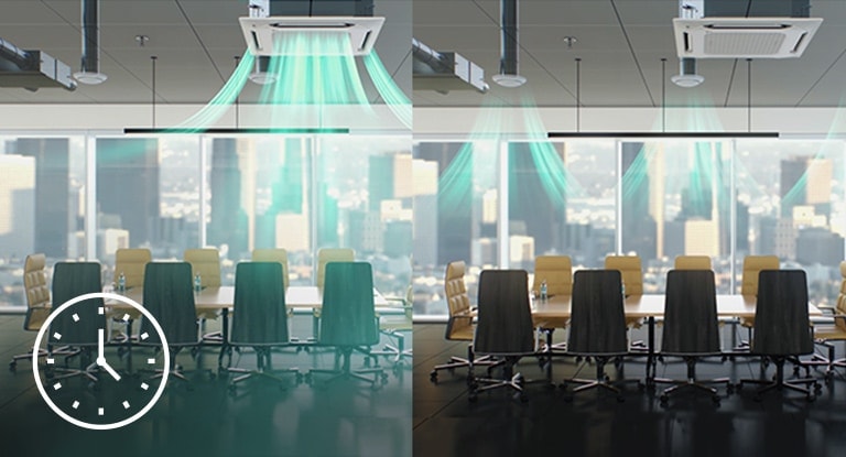 A larger LG ceiling cassette in the left half blows airflow into a conference room, while two smaller ducts distribute airflow on the right half.