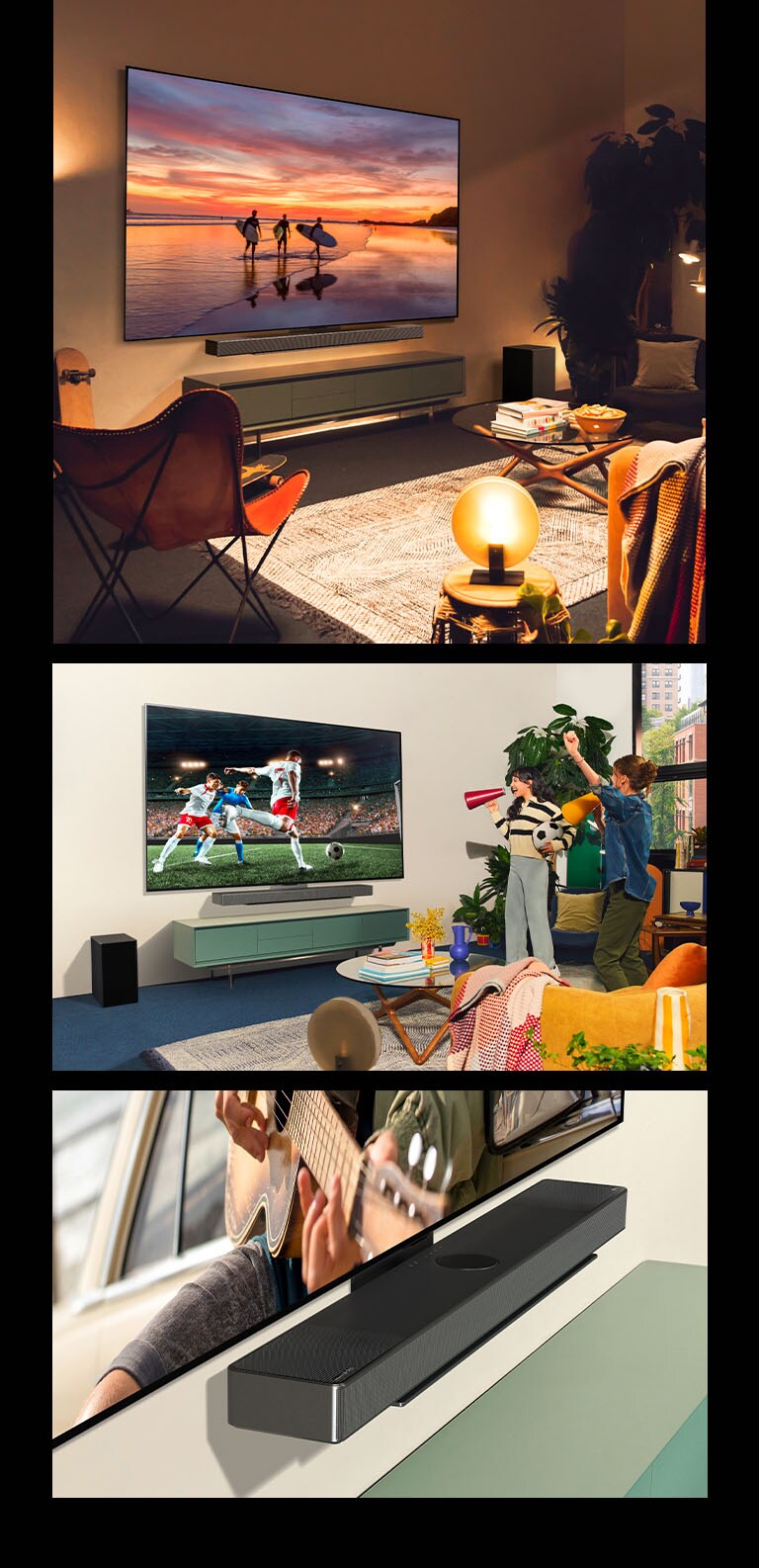 Three images are shown in sequence. Firstly, a side profile view of LG OLED evo C4 showing landscape photography in a casual and bohemian-style living room with warm lights. And then, two women enjoying and cheering on the soccer game playing on LG OLED evo C4 in a bright and casual living room. The LG Soundbar SC9 attaches neatly to the TV. Lastly, an angled crop view of LG OLED evo C4 attached to LG Soundbar SC9 with the Synergy Bracket. 