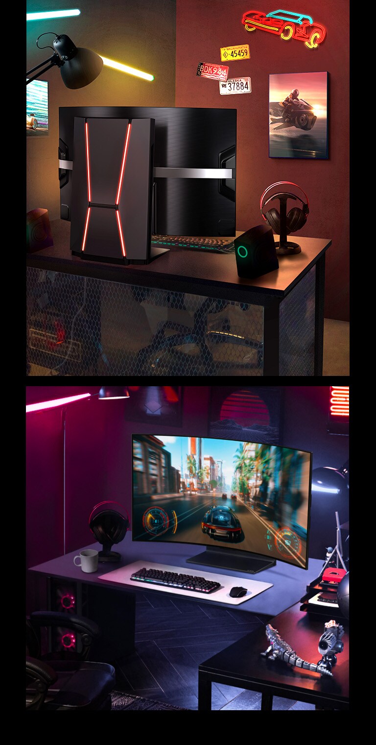 LG OLED Flex seen from behind in a colorful gaming room. The Shield Design is lit up with a red backlight. And another image shows LG OLED Flex seen from the front in a dark and purple-lit gaming room playing a racing game.