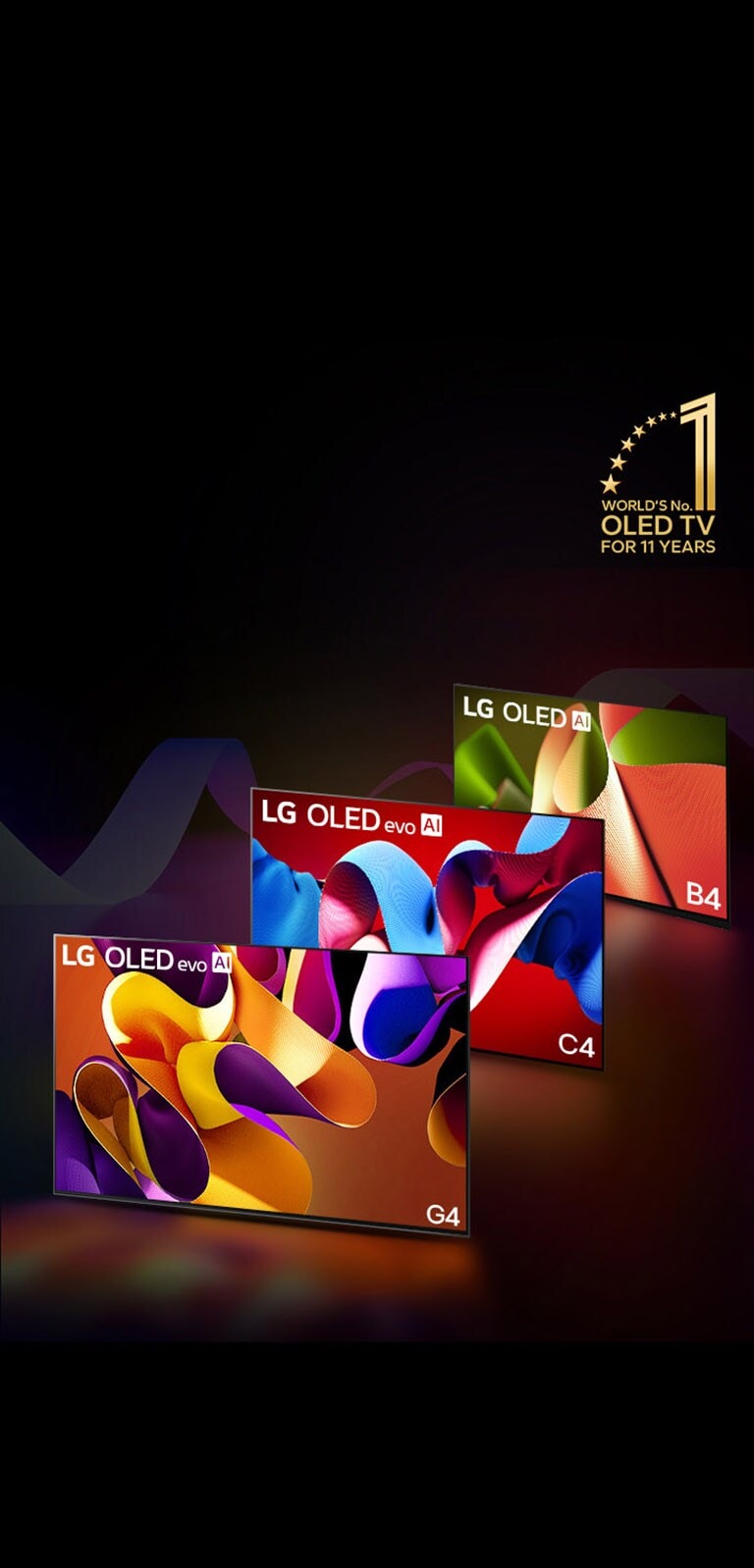 PC: LG OLED evo G4, LG OLED evo C4, and LG OLED B4 side-by-side, each displaying a different-colored abstract artwork on screen. Light casts from each TV to the ground below. A gold emblem of World's number 1 OLED TV for 11 Years at the top right corner. On the other hand, the same images of LG OLED evo G4, LG OLED evo C4, and LG OLED B4 are shown in a row in mobile device. 