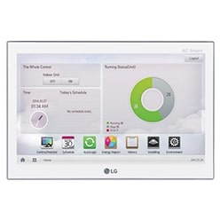 LG Central Controller control solution boasts a large screen display with software that enables control over the indoor environment, providing detailed information.