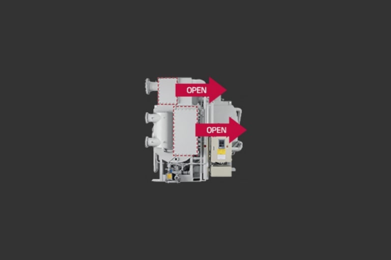 Front view of the LG Hybrid Type Absorption Chiller, two dotted-outline rectangles with red arrows suggest that these components can be opened.