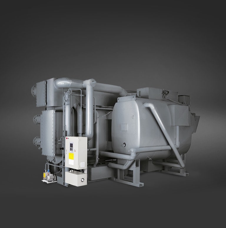 LG Absorption Chiller Hybrid Type, showcased in a dark grey hue, consists of a series of linear and cylindrical pipe assemblies.