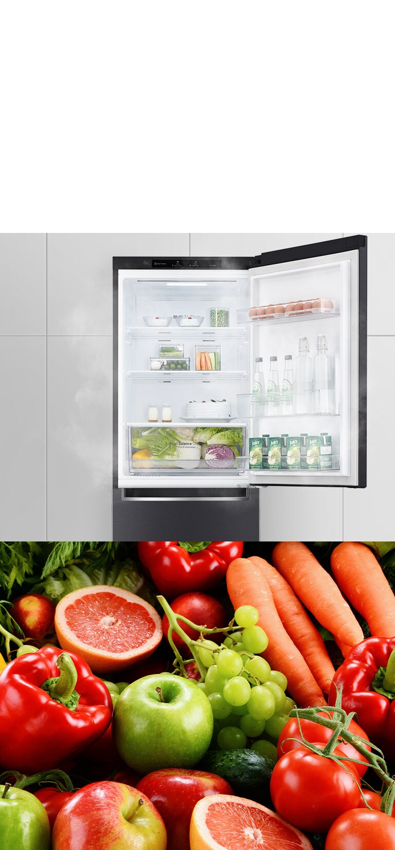 The first image shows the refrigerator with the top door open and filled with drinks and produce. The second image shows bright and vivid fruits and vegetables in a group.