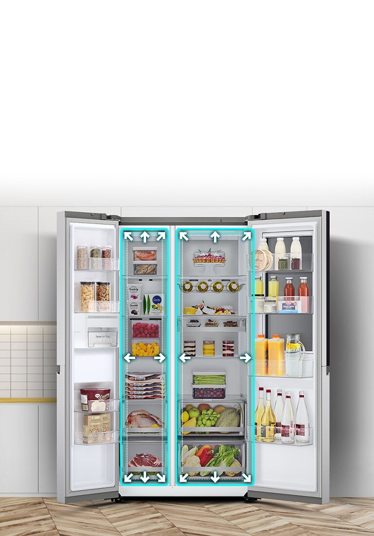 A video begins with the front view of the refrigerator with both doors wide open. The interior spaces are outlined in a neon lines and arrows begin to push the lines out to show that there is now more space inside. The neon square around the interior spaces flashes to show the difference between the new space and the old smaller space which is now outlined in a dotted white line.