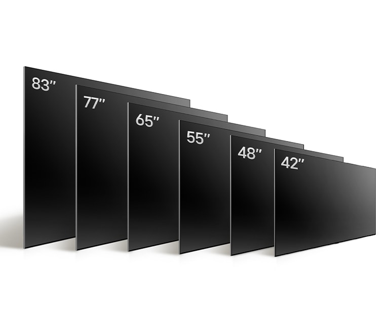 Comparing LG OLED TV, OLED C4's varying sizes, showing OLED C4 42", OLED 48", OLED C4 55", OLED C4 65", OLED C4 77", and OLED C4 83".