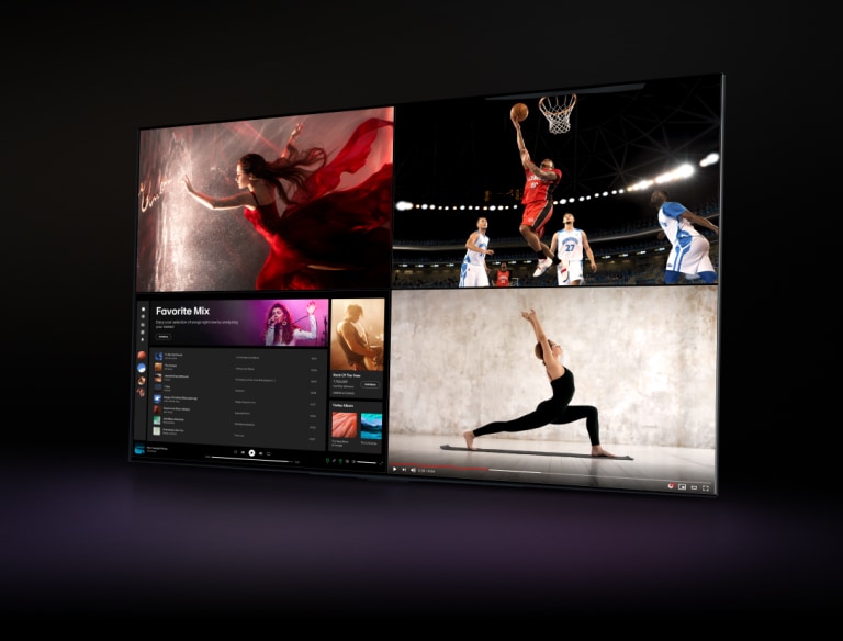 An LG TV displays a movie, and the screen is divided so one half shows a movie and one side shows Spotify. The cursor clicks a button to bring up the Multi-View settings panel and clicks the Live TV button, and the Spotify window changes to a screen showing the sports scene. A third window showing a yoga video on YouTube slides in from below. Then, a fourth window showing Spotify slides in from below so the screen shows different content in all four quarters.