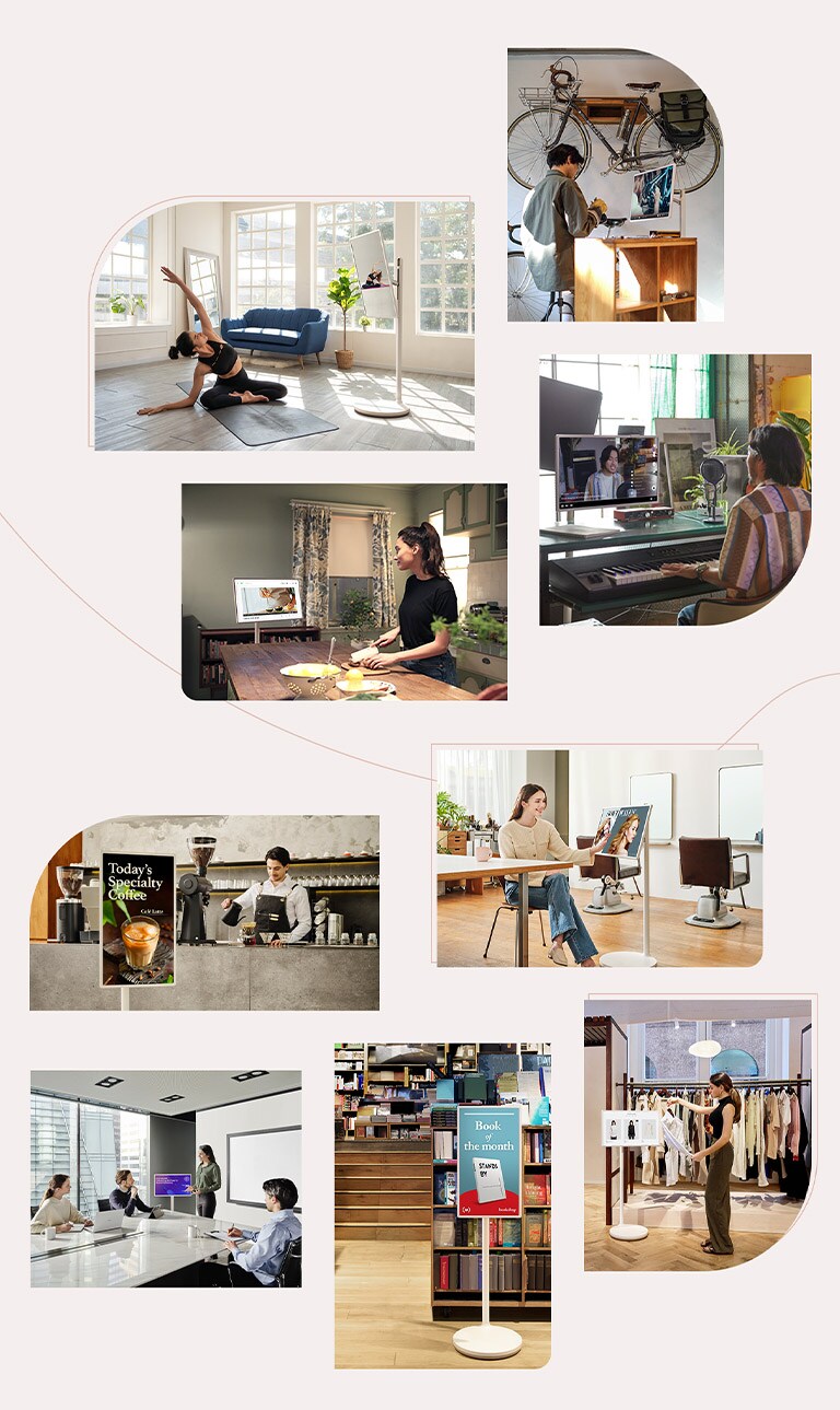 There are 9 collage of lifestyle images of people doing different activities while watching TV – a woman is doing yoga while watching yoga tutorial, one man is fixing his bike while watching tutorial, another man is streaming himself singing, and one woman is cooking while watching recipe video. Also there are 5 usage scenes at commercial spaces.