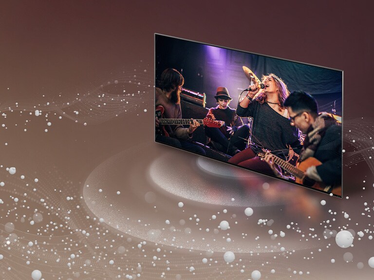 LG TV as sound bubbles and waves emit from the screen and fill the space.