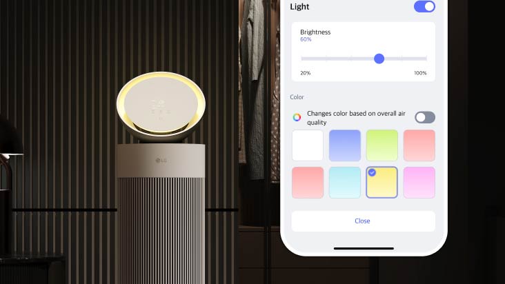 LG air purifier's mood lighting feature, allowing users to change color and brightness via the LG ThinQ app