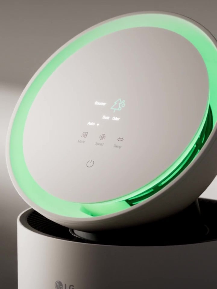 LG air purifier for pets, featuring a slim, sleek design and elegant aesthetics for modern living spaces.	