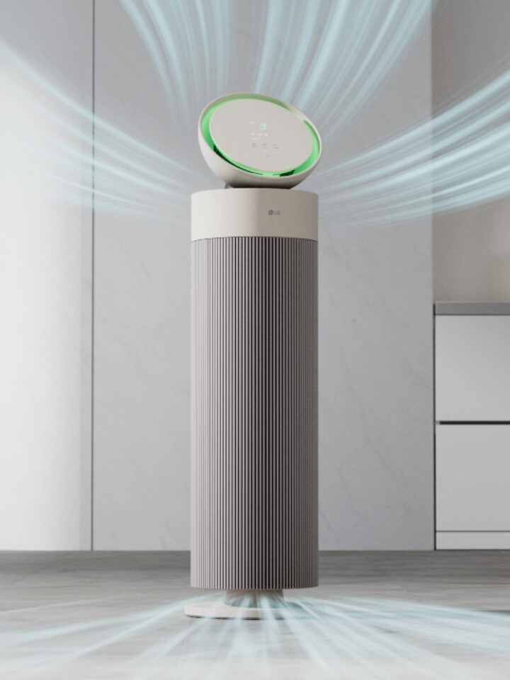 LG air purifier with Aero V Pet Filter, capturing dust and releasing clean air in all directions	