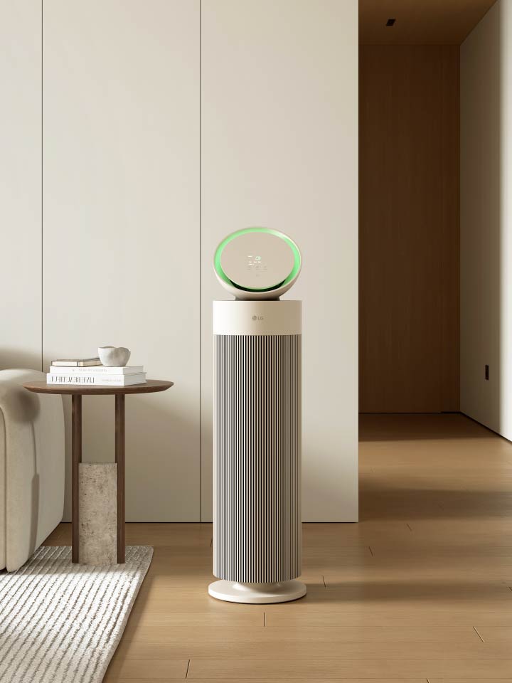 Video showcasing LG air purifier's premium design, fitting seamlessly into various spaces with refined, modern aesthetics	