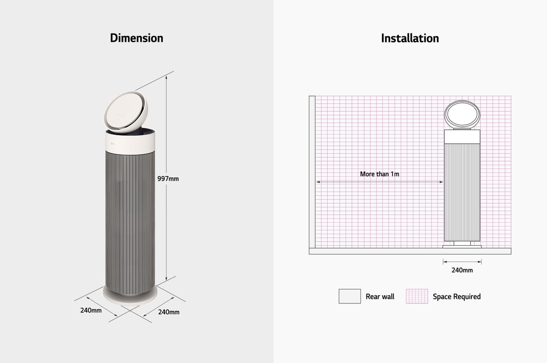 Diagram showing LG air purifier dimensions (997mm height, 240mm width) and installation guidelines requiring over 1m space from the rear wall.