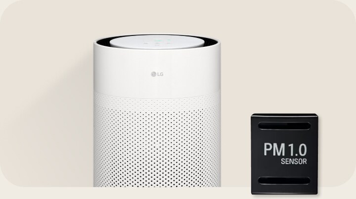 LG air purifier with PM 1.0 sensor and circular LED display, providing precise air quality monitoring and status indication