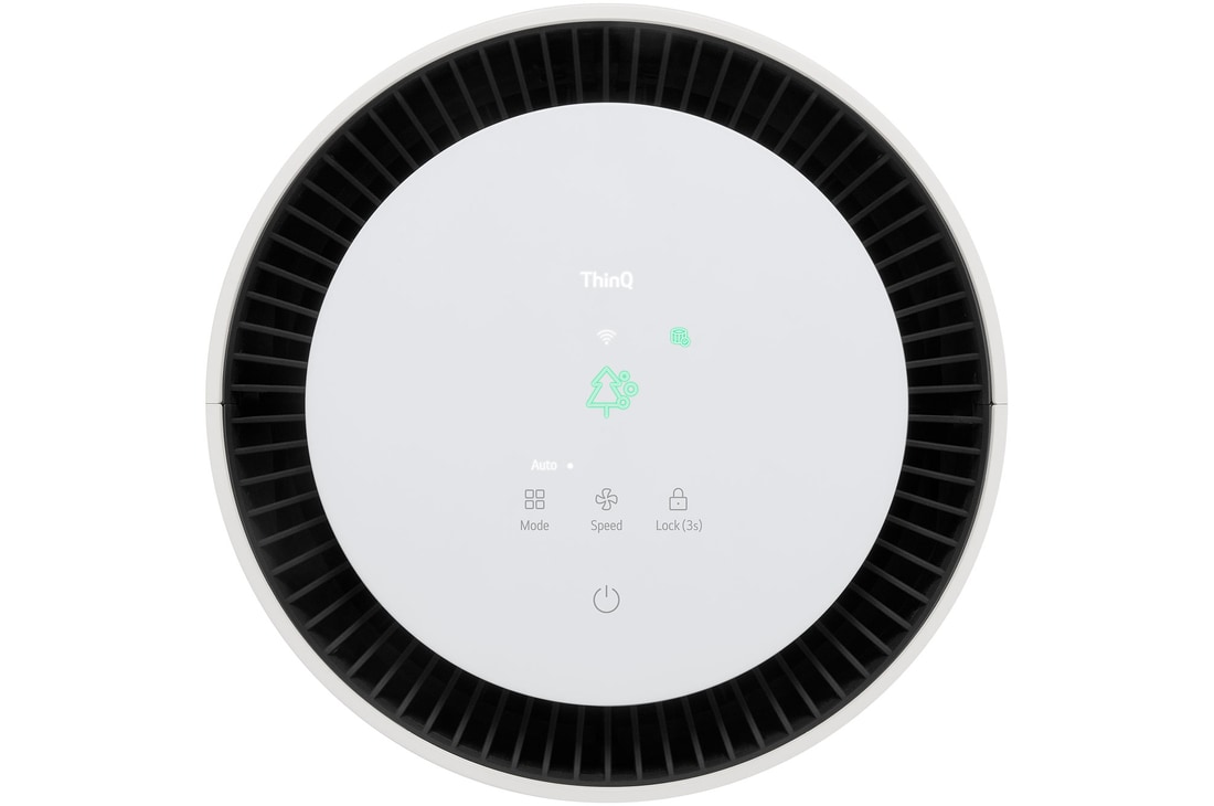Close-up of the LG air purifier's top display with air quality indicator lights on