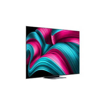 left side view of LG OLED evo AI C5 4K Smart TV. 12 Years of world number 1 OLED emblem and LG OLED evo AI 2025 logo are on the screen.