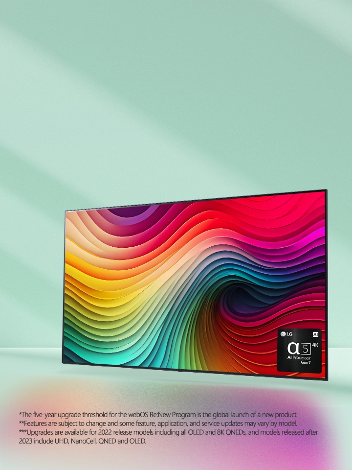 An image of LG NanoCell against a mint green backdrop with an artwork of multi-colored swirls on the display and a picture of the α5 AI Processor Gen 7 in the bottom right corner. Light radiates, casting colorful shadows below.