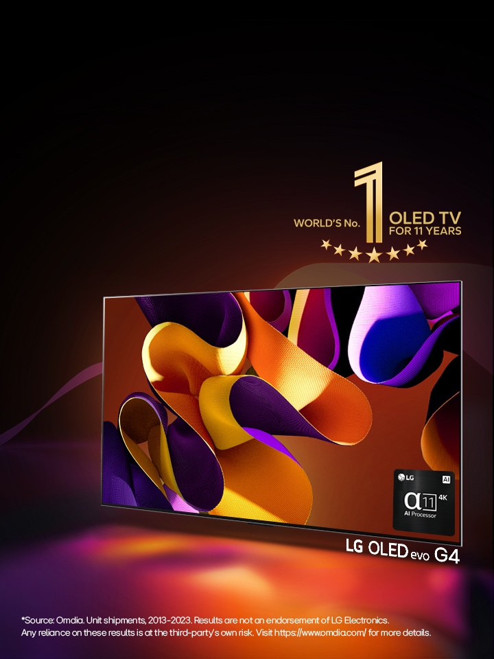 An image of LG OLED evo G4 with an abstract, colorful artwork on screen against a black backdrop with subtle swirls of color. Light radiates from the screen, casting colorful shadows. The α11 AI Processor 4K is at the bottom right corner of the TV screen. The "World's No. 1 OLED TV for 11 Years" emblem is in the image. A disclaimer reads: "Source: Omdia. Unit shipments, 2013-2023. Results are not an endorsement of LG Electronics. Any reliance on these results is at the third-party’s own risk. Visit https://www.omdia.com/ for more details."