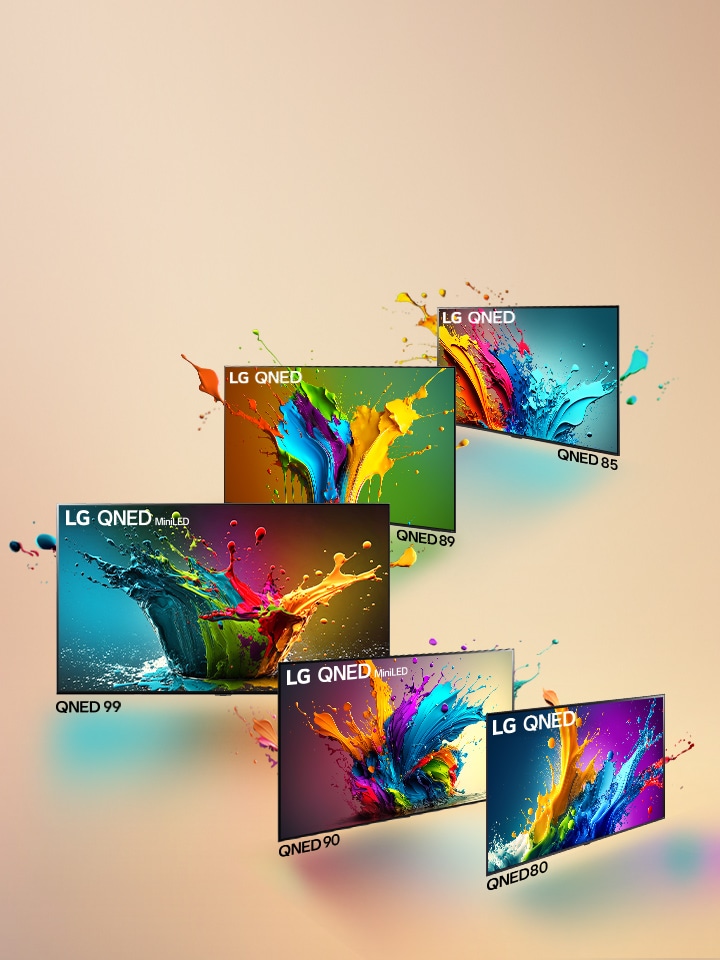 An image of LG QNED 80, 90, 99, 89, and 85 standing side by side in an angled line with 99 facing forward and the others at a 45-degree angle. Colorful droplets and waves of paint explode out of each screen, and light radiates, casting colorful shadows below.