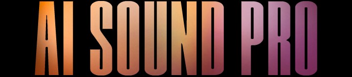 Der Text „AI SOUND PRO“ steht in fetten Großbuchstaben auf einem Farbverlauf, der von orange und braun auf der linken Seite bis zu rosa und lila auf der rechten Seite reicht, vor einem schwarzen Hintergrund.