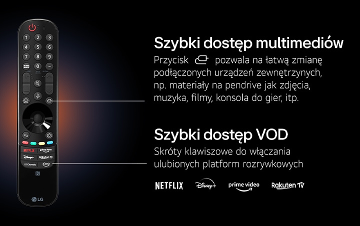 Grafika opisa przyciski pilota Magic z szybkim dostępem do multimediów oraz VOD