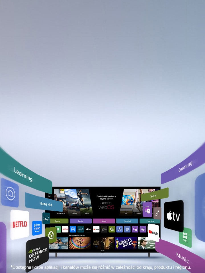 LG Smart TV z ekranem głównym webOS wyświetlającym aplikacje rozrywkowe i interfejs LG Channels, który dynamicznie się rozwija, prezentując globalne aplikacje i kanały.