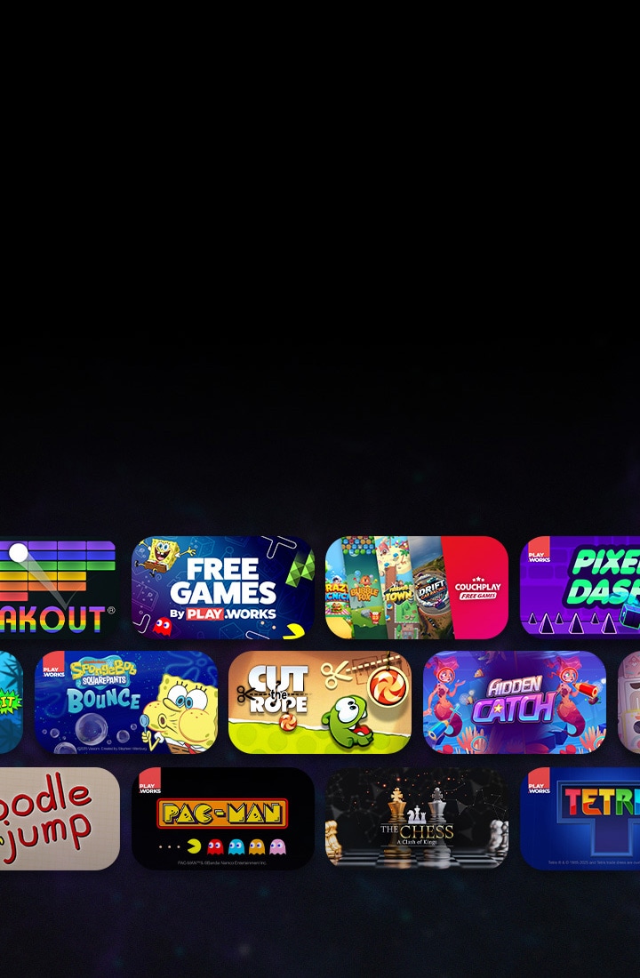 Różne miniatury gier casualowych ułożone w trzech rzędach na LG TV, oferujące setki łatwych do grania darmowych gier idealnych do zabawy solo lub multiplayer za pomocą pilota.