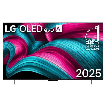 Widok z przodu na LG OLED evo AI C5 4K Smart TV. Emblemat „12 Years of World Number 1 OLED” i logo LG OLED evo AI 2025 na ekranie.