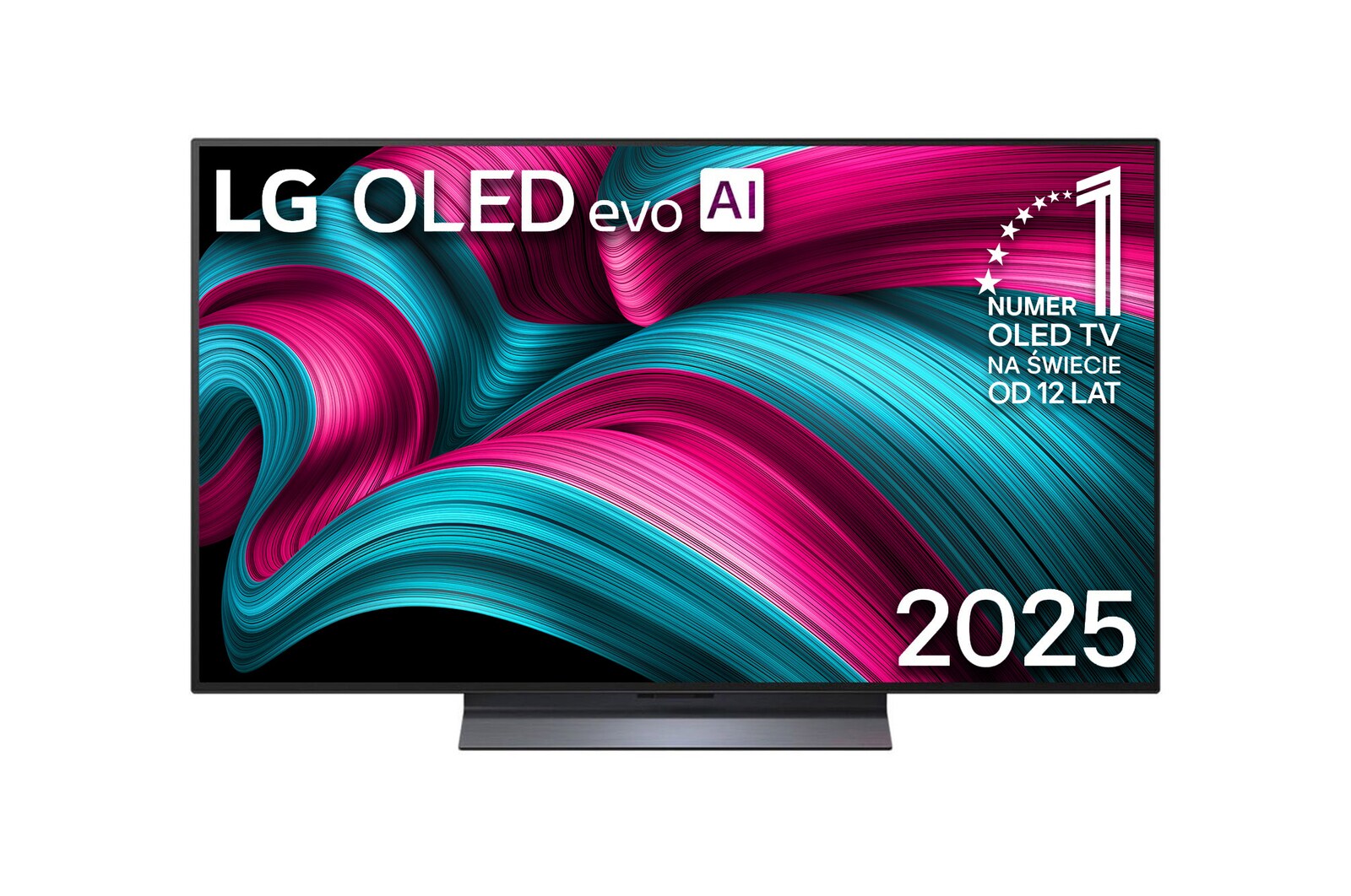 Widok z przodu na LG OLED evo AI C5 4K Smart TV. Emblemat „12 Years of World Number 1 OLED” i logo LG OLED evo AI 2025 na ekranie.