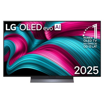 Widok z przodu na LG OLED evo AI C5 4K Smart TV. Emblemat „12 Years of World Number 1 OLED” i logo LG OLED evo AI 2025 na ekranie.