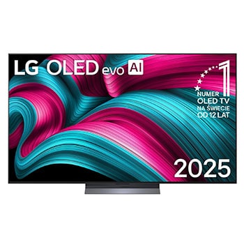 Widok z przodu na LG OLED evo AI C5 4K Smart TV. Emblemat „12 Years of World Number 1 OLED” i logo LG OLED evo AI 2025 na ekranie.