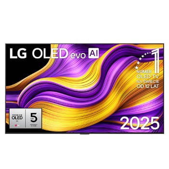 Przedni widok na LG OLED evo AI G5 4K Smart TV. Emblemat „12 Years of World Number 1 OLED” i logo LG OLED evo AI 2025 na ekranie.