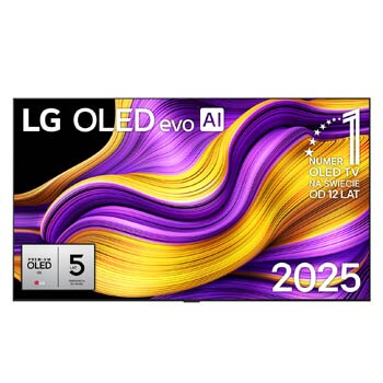 Przedni widok na LG OLED evo AI G5 4K Smart TV. Emblemat „12 Years of World Number 1 OLED” i logo LG OLED evo AI 2025 na ekranie.
