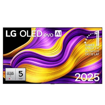 Przedni widok na LG OLED evo AI G5 4K Smart TV. Emblemat „12 Years of World Number 1 OLED” i logo LG OLED evo AI 2025 na ekranie.