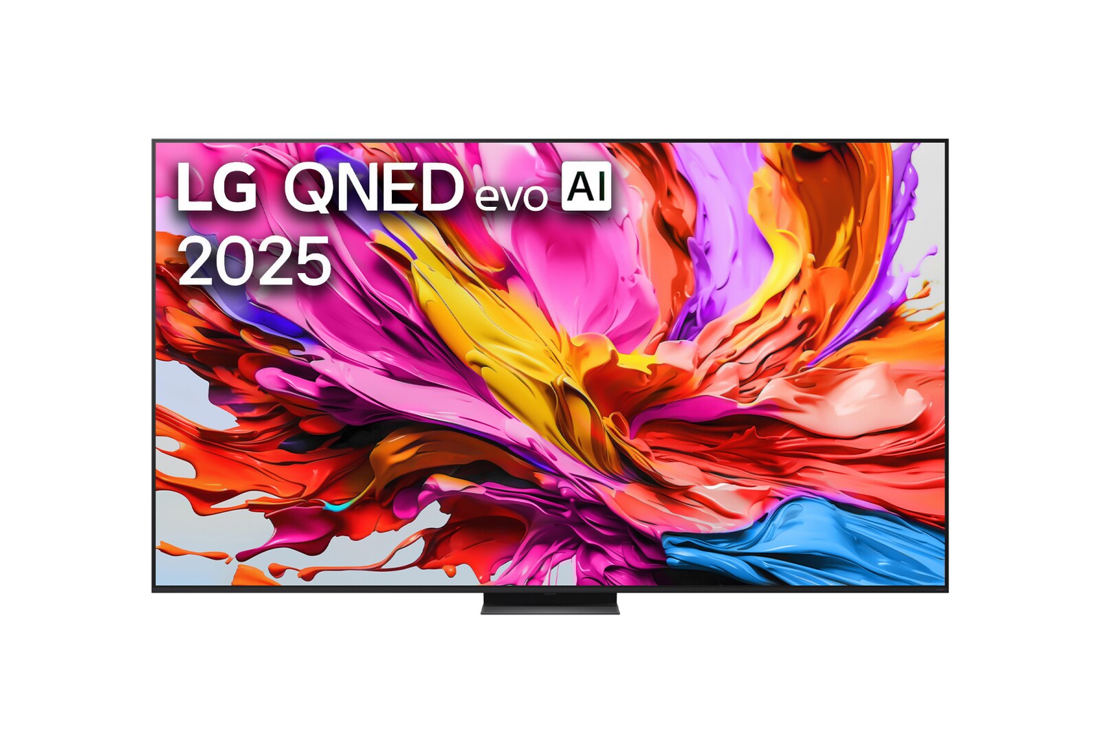 Przedni widok na TV LG QNED evo QNED85, logo AI LG QNED evo w górnym rogu. TV LG QNED evo QNED85 przedstawia kolorowe, przypominające farbę tekstury.