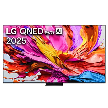 Przedni widok na TV LG QNED evo QNED85, logo AI LG QNED evo w górnym rogu. TV LG QNED evo QNED85 przedstawia kolorowe, przypominające farbę tekstury.