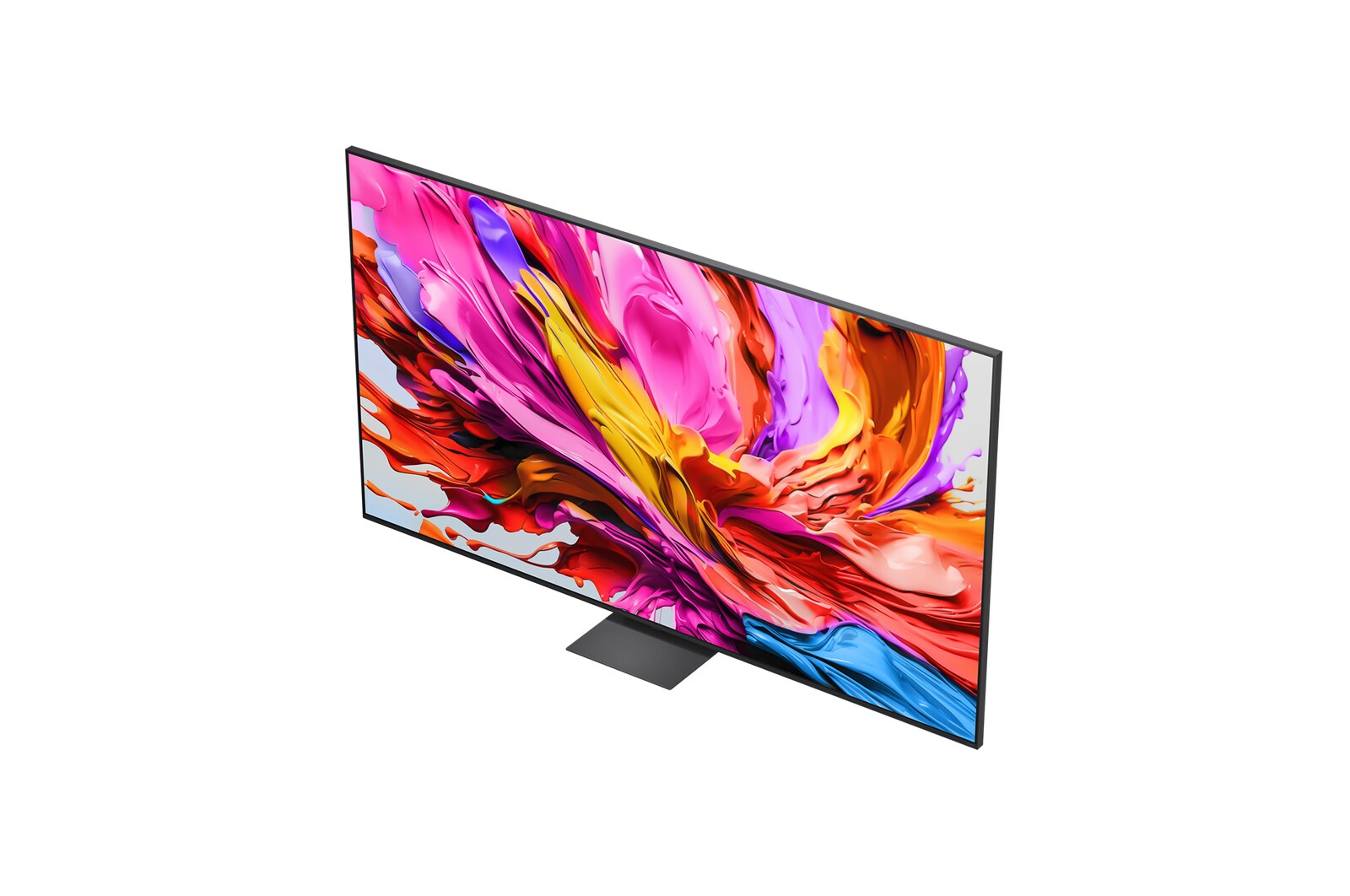 Przedni i boczny widok na LG QNED evo AI 4K Smart TV QNED85 prezentujący jego długość, szerokość, wysokość i głębokość.
