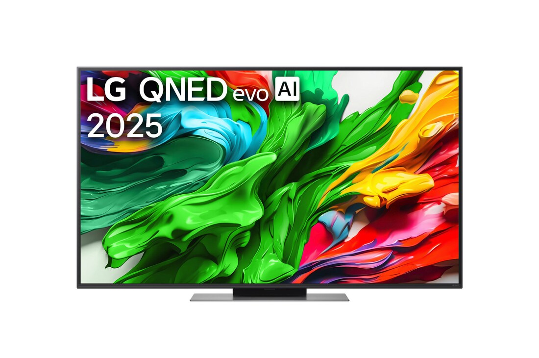 Przedni widok na TV LG QNED evo QNED85, logo AI LG QNED evo w górnym rogu. TV LG QNED evo QNED85 przedstawia kolorowe, przypominające farbę tekstury.