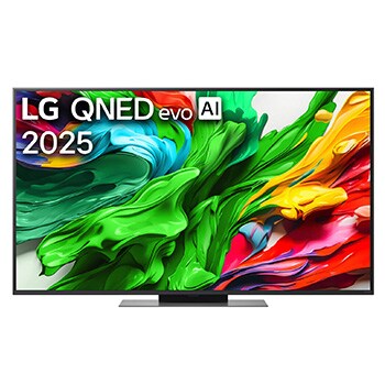 Przedni widok na TV LG QNED evo QNED85, logo AI LG QNED evo w górnym rogu. TV LG QNED evo QNED85 przedstawia kolorowe, przypominające farbę tekstury.